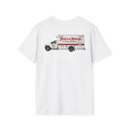 A white short-sleeve crewneck t-shirt featuring a graphic print of a Muzzle & Munchies Fire Rescue truck on the front, displayed against a solid white background.