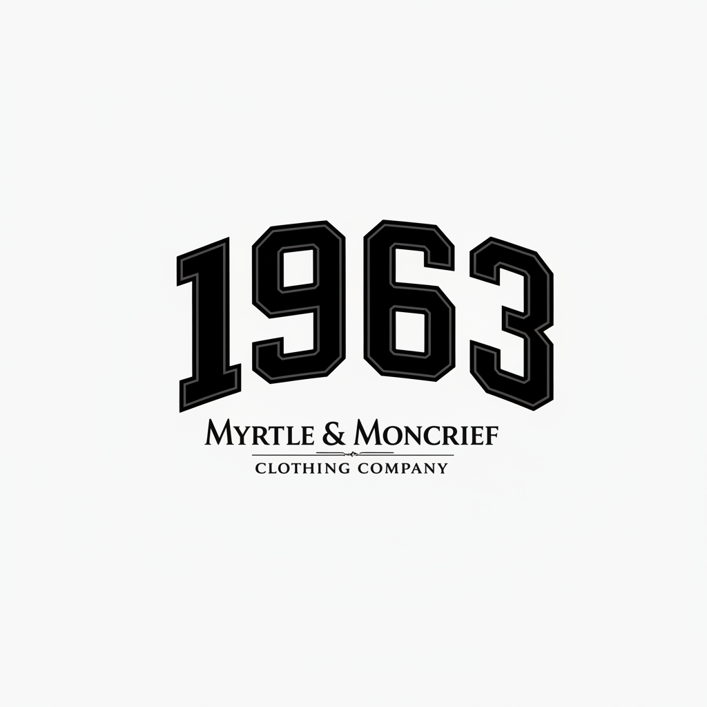 A graphic logo featuring the number '1963' in a bold black varsity-style font with a white outline, above the text 'MYRTLE & MONCRIEF CLOTHING COMPANY' on a solid white background.