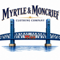 Myrtle & Moncrief Clothing Company logo featuring a blue bridge over water with a red fire truck on the bridge, on a white background.
