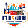 A stylized logo graphic for Myrtle & Moncrife Clothing Company, featuring a city skyline with palm trees, a fire station, street signs reading Myrtle Ave and Moncrife Rd, and the text 'MYRTLE & MONCRIEF CLOTHING COMPANY' on a white background.