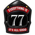 A novelty leather patch shaped like a motorcycle helmet, featuring a black faux-leather texture with white stitching, red banners with white text reading 'EVERYTHING IS' and 'IT'S ALL GOOD', and large white '77' in the center.