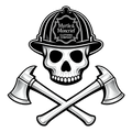 A black and white graphic design of a skull wearing a firefighter helmet with the text 'Myrtle & Moncrief Clothing Company', with two crossed axes below on a plain white background.