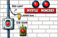 A cartoon-style schematic of a control panel with labeled parts: two red lights, a red button labeled E18 DOOR, a yellow ladder door switch, and a blue pole. The words MYRTLE and MONCRIEF appear on red sign panels against a white brick wall background.