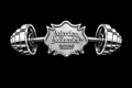 A metallic silver barbell-shaped pin or brooch with a shield emblem in the center reading 'Myrtle & Moncrief Clothing Company' on a solid black background.