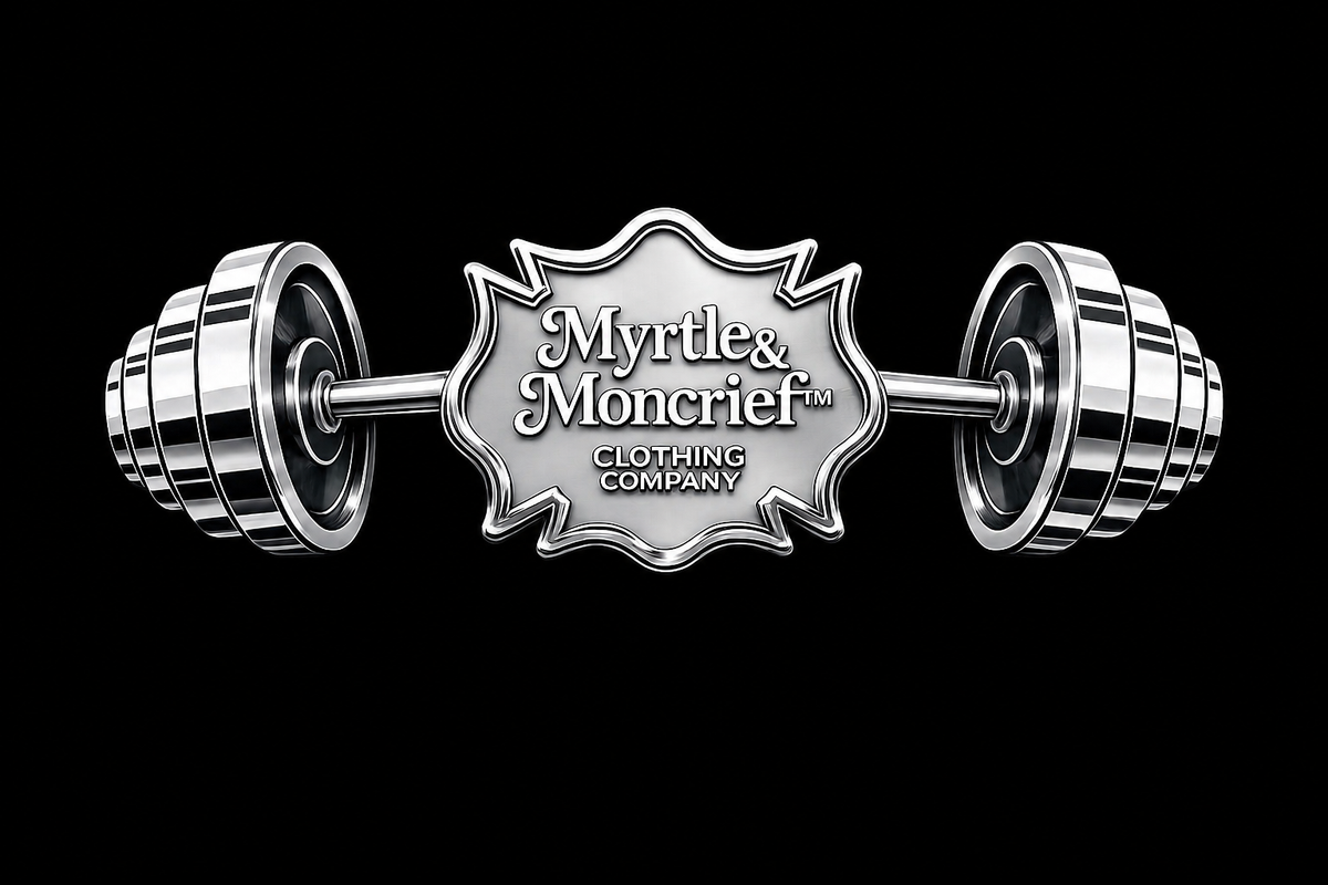 A metallic silver barbell-shaped pin or brooch with a shield emblem in the center reading 'Myrtle & Moncrief Clothing Company' on a solid black background.