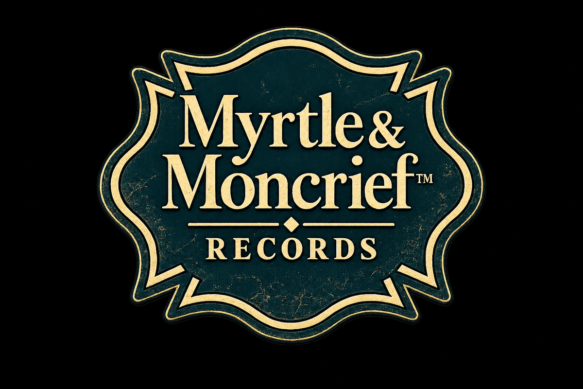 A vintage-style decorative logo badge reading 'Myrtle & Moncrief Records' in cream lettering on a dark teal shield-shaped emblem, centered on a solid black background.