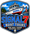 A shield-shaped graphic logo for Signal 7 Boat Tours, featuring a white fishing boat labeled 'SIGNAL 7' sailing on blue water with a red lighthouse, trees, birds, and bold blue/red text reading 'SIGNAL 7 BOAT TOURS' and 'ONE WAY TOURS DEPARTING DAILY'.