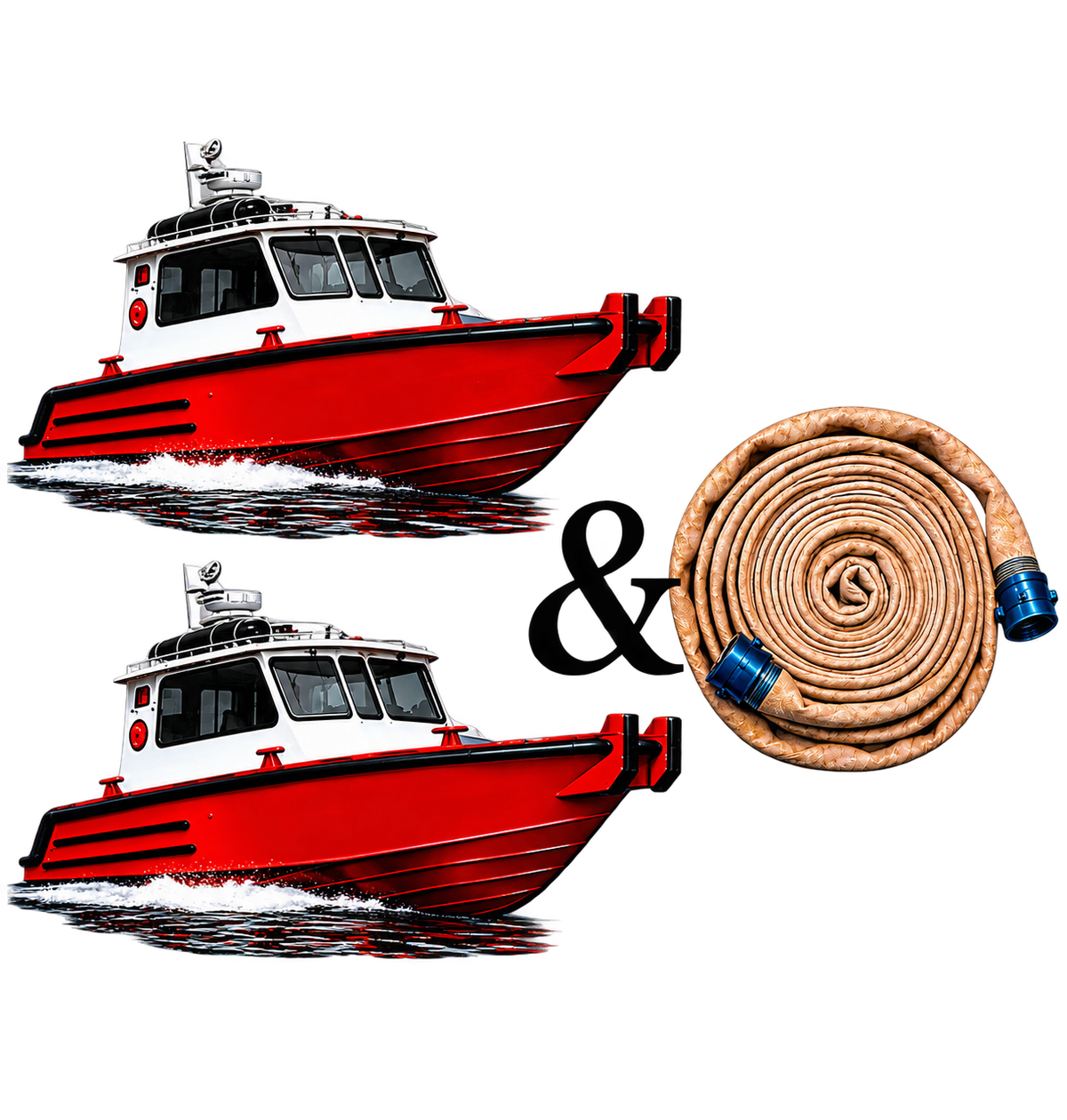 Two red and white fireboats with black accents are shown alongside a coiled tan fire hose with blue connectors, separated by a large black ampersand symbol on a plain white background.
