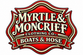 A red and cream shield-shaped logo for Myrtle & Moncrief Clothing Co. Boats & Hose, with bold cream lettering on a red background.