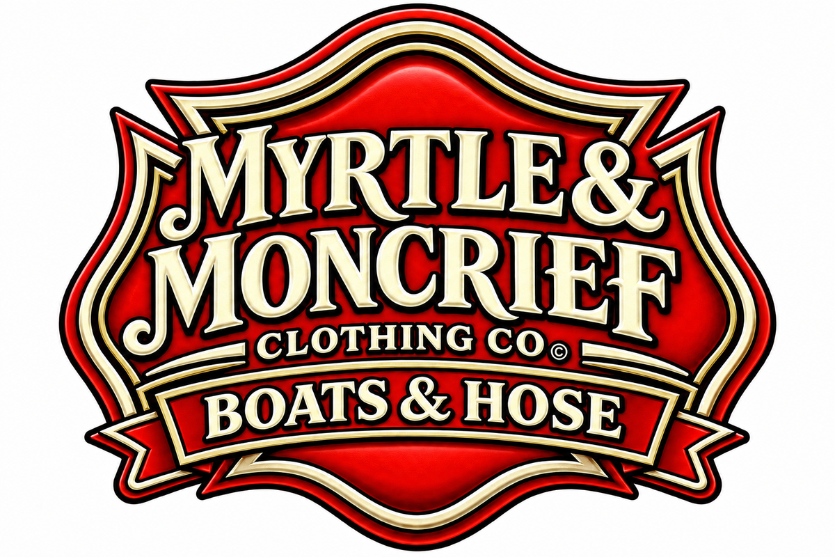 A red and cream shield-shaped logo for Myrtle & Moncrief Clothing Co. Boats & Hose, with bold cream lettering on a red background.
