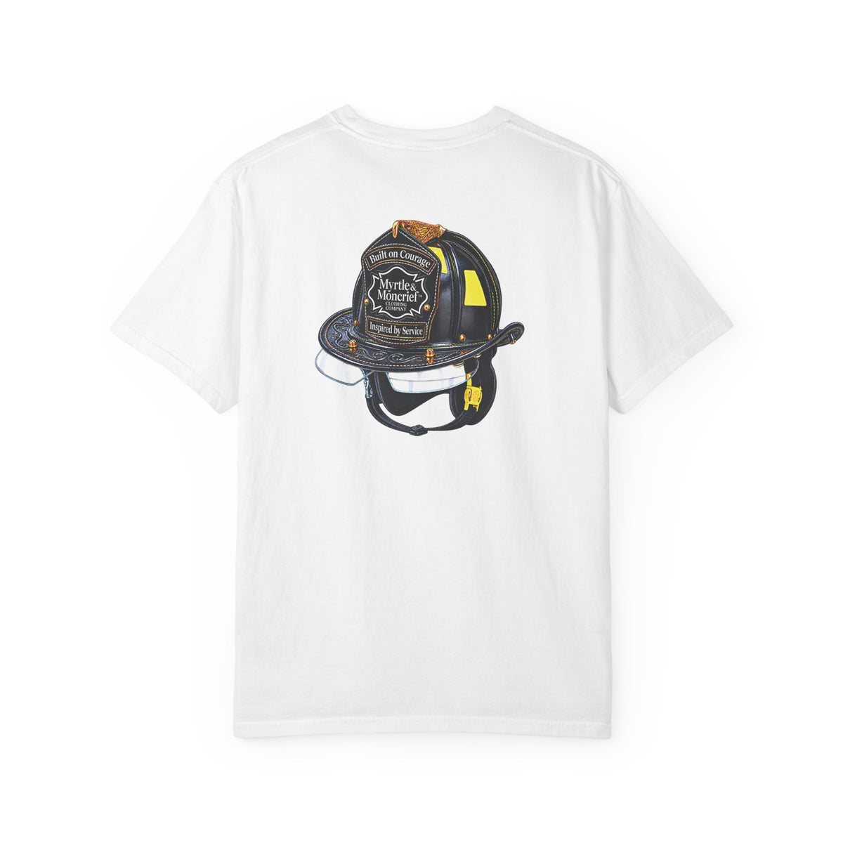 A white short-sleeve crewneck t-shirt featuring a graphic print of a firefighter helmet on the front, displayed against a solid white background.