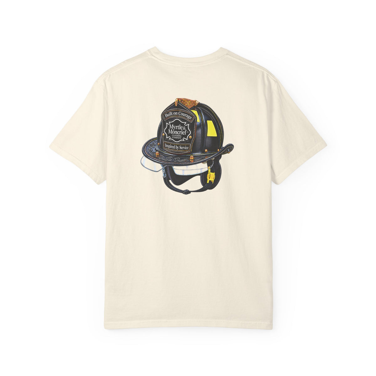 An off-white short-sleeve t-shirt with a graphic of a firefighter helmet printed on the chest, displayed against a solid white background.