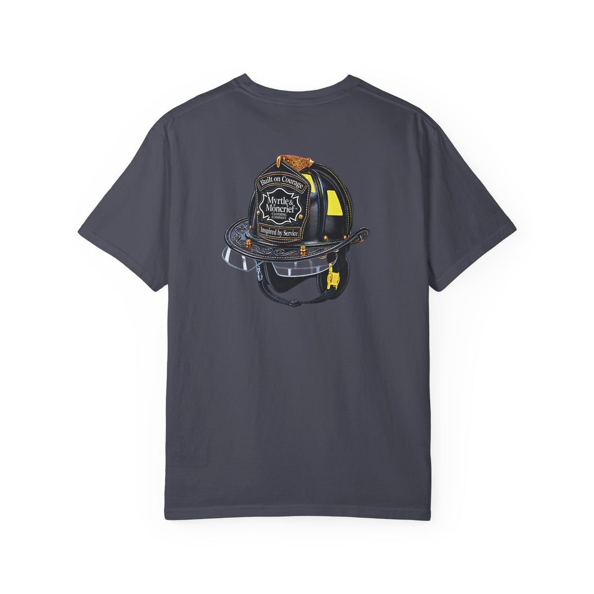 A dark gray crewneck t-shirt featuring a graphic print of a firefighter helmet with a Maltese cross badge on the front, displayed against a solid white background.