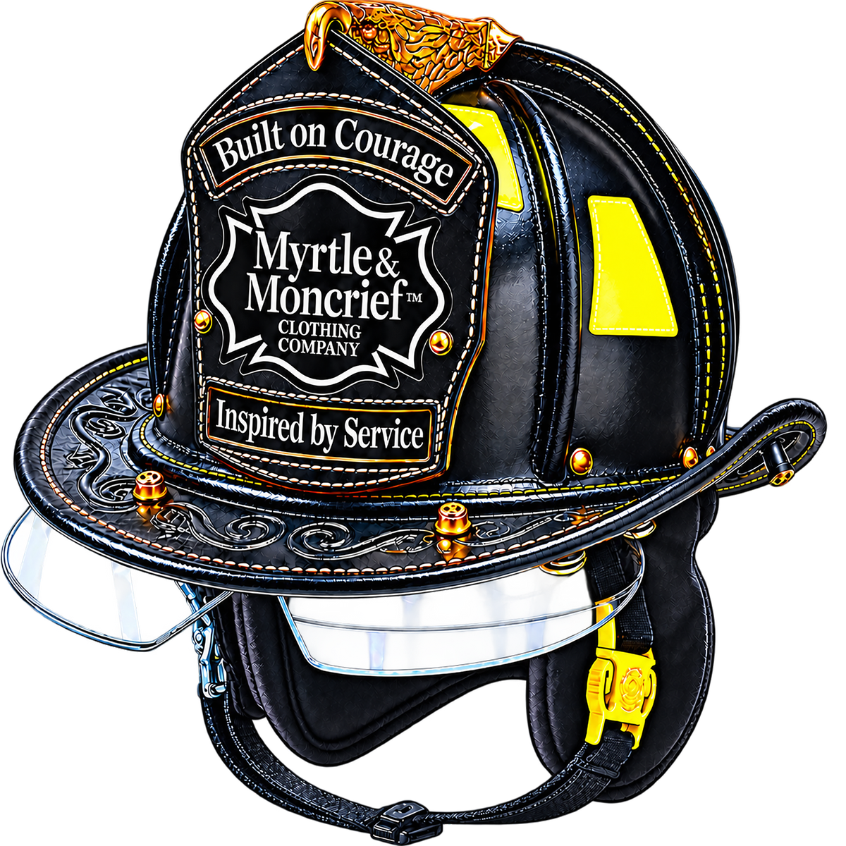 A black firefighter helmet with yellow reflective accents, a large embroidered Myrtle & Moncrief patch on the front, and a clear face shield attached. The helmet is shown on a plain white background.