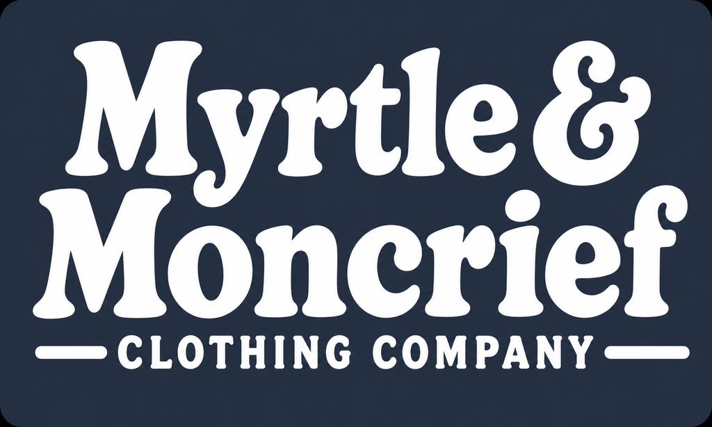 White serif text reading 'Myrtle & Moncrief' with 'CLOTHING COMPANY' underneath on a dark navy background.