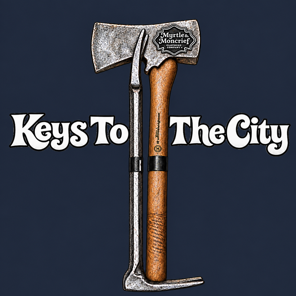 A vintage-style axe and a hammer are arranged vertically against a dark navy background, with the stylized text 'Keys To The City' across the middle. The axe head shows the brand name 'Murtex Moncrief'.