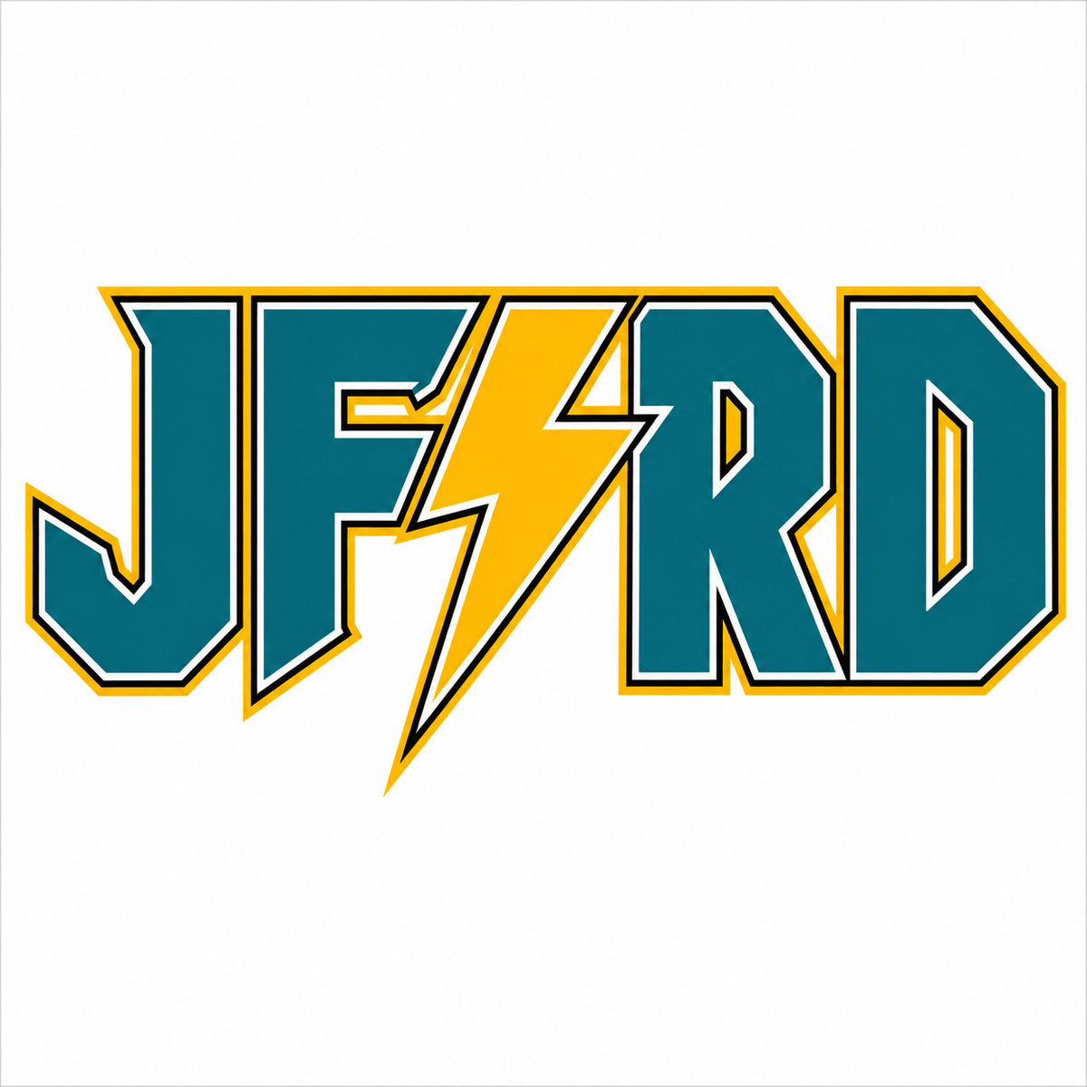 The letters 'JFORD' are spelled out in a bold varsity-style font, with a yellow lightning bolt replacing the letter 'I'. The letters are teal with yellow and black outlines, set against a plain white background.