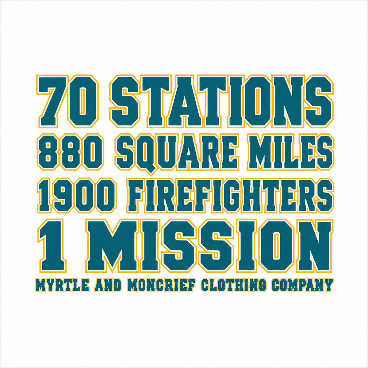 A text-based graphic on a white background reading '70 STATIONS 880 SQUARE MILES 1900 FIREFIGHTERS 1 MISSION' in teal letters with a gold outline, plus 'MYRTLE AND MONCRIEF CLOTHING COMPANY' below.