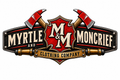 A stylized vintage-style logo reading "MYRTLE AND MONCRIEF CLOTHING COMPANY" with two crossed axes and a red-and-gold central crest on a white background.