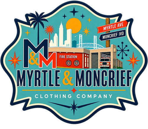 A stylized vintage-inspired logo badge for Myrtle & Moncrief Clothing Company, featuring a teal background, navy and orange typography, a fire station illustration, street signs, stars, and palm trees.
