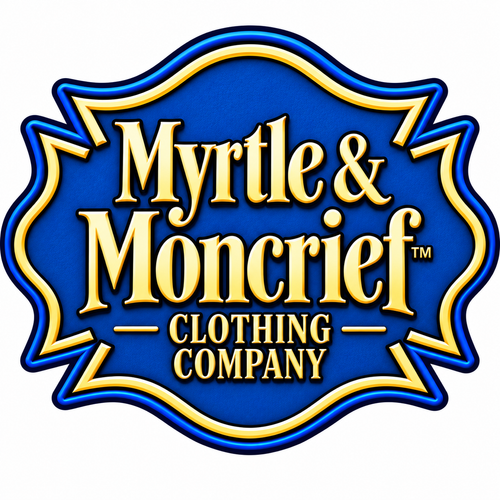 A decorative blue and gold logo badge reading 'Myrtle & Moncrief Clothing Company' on a plain white background.