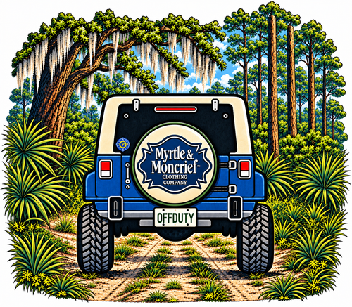 A stylized illustrated rear view of a blue off-road vehicle on a dirt path surrounded by trees, Spanish moss, and succulents. The vehicle has a large circular back emblem reading 'Myrtle & Moncrief Clothing Company' and a license plate that says 'OFFDUTY'.