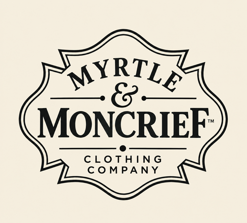 A vintage-style black logo emblem reading 'MYRTLE & MONCRIEF CLOTHING COMPANY' centered on a warm cream background.