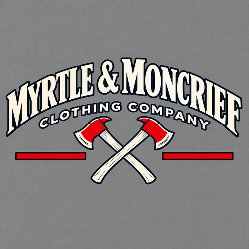 A graphic print on a gray background featuring the text 'MYRTLE & MONCRIEF CLOTHING COMPANY' in white arched lettering with black outlines, above two crossed white axes with red heads, flanked by two red horizontal bars.