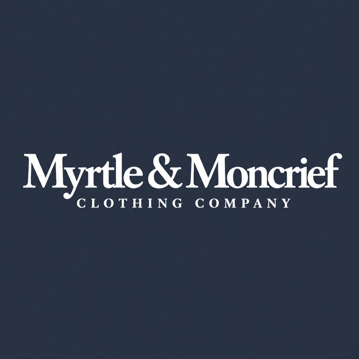 White text reading 'Myrtle & Moncrief' and 'CLOTHING COMPANY' centered on a dark navy background.