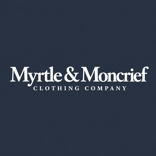 White text reading 'Myrtle & Moncrief' and 'CLOTHING COMPANY' centered on a dark navy background.