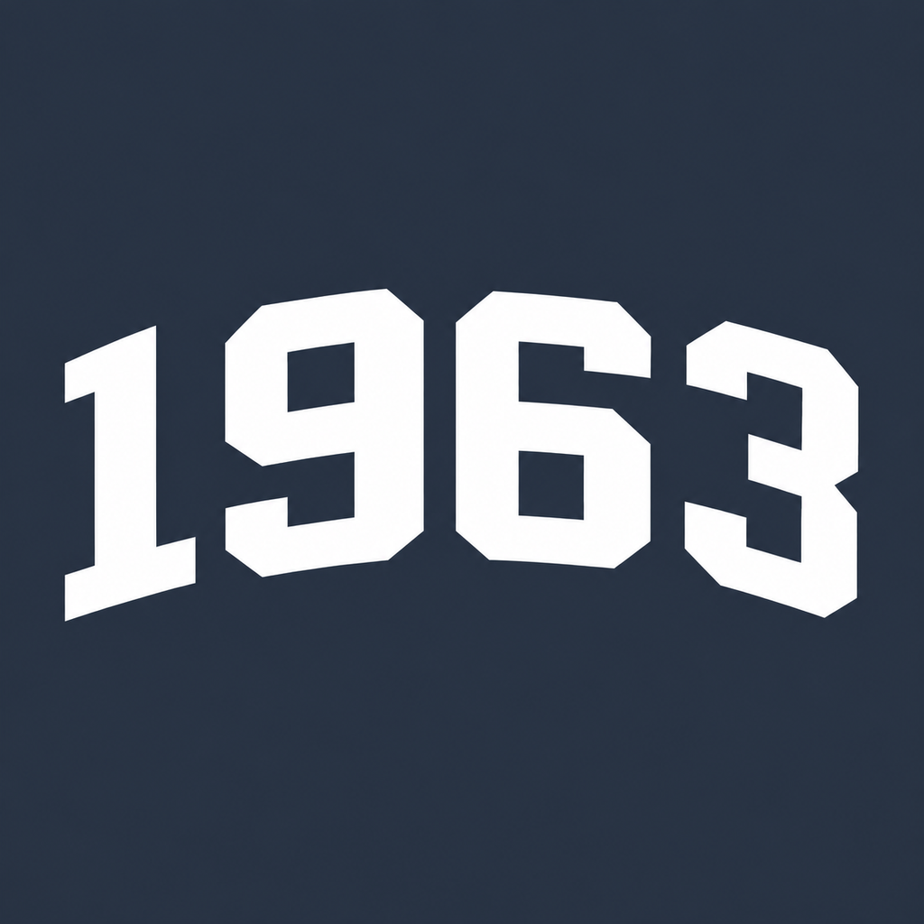 White varsity-style '1963' lettering centered on a dark navy background.