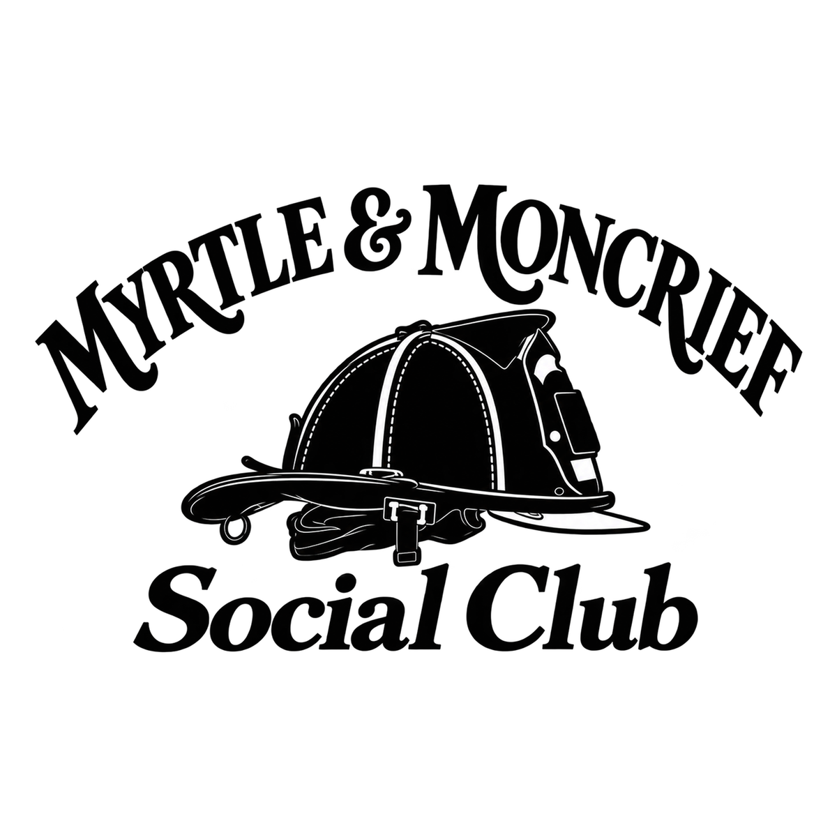 Black graphic logo featuring the text 'MYRTLE & MONCRIEF Social Club' with an illustration of a firefighter helmet on a white background.