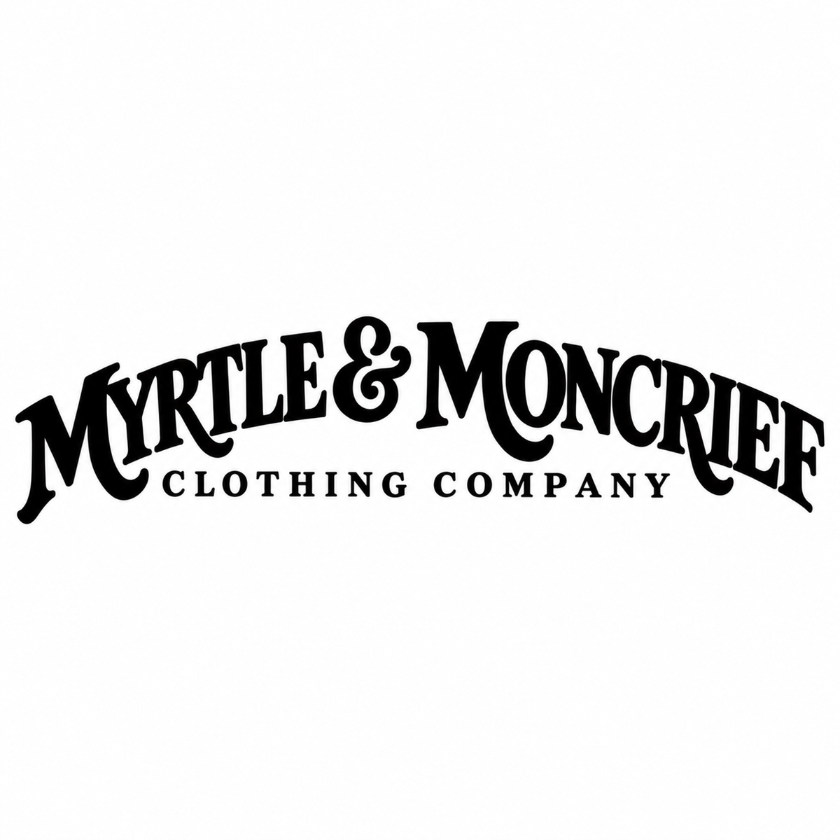 Black arched logo text reading 'Myrtle & Moncrief' with 'Clothing Company' underneath on a plain white background.