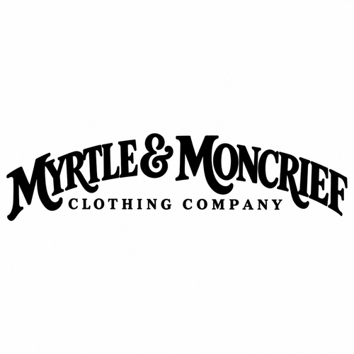 Black arched logo text reading 'Myrtle & Moncrief' with 'Clothing Company' underneath on a plain white background.