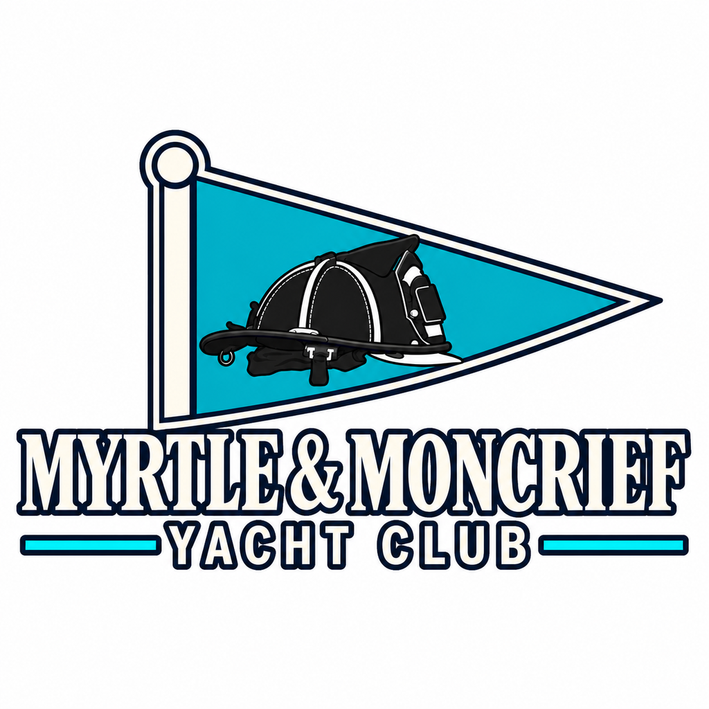 A stylized club logo reading 'MYRTLE & MONCRIEF YACHT CLUB' beneath a teal triangular pennant with a black-and-white fire helmet graphic, on a white background.