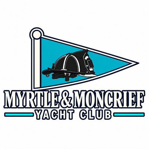 A stylized club logo reading 'MYRTLE & MONCRIEF YACHT CLUB' beneath a teal triangular pennant with a black-and-white fire helmet graphic, on a white background.