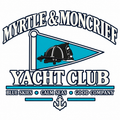 A graphic logo for 'Myrtle & Moncrief Yacht Club' featuring a stylized blue and white pennant flag with a black fire helmet, set against a plain white background.