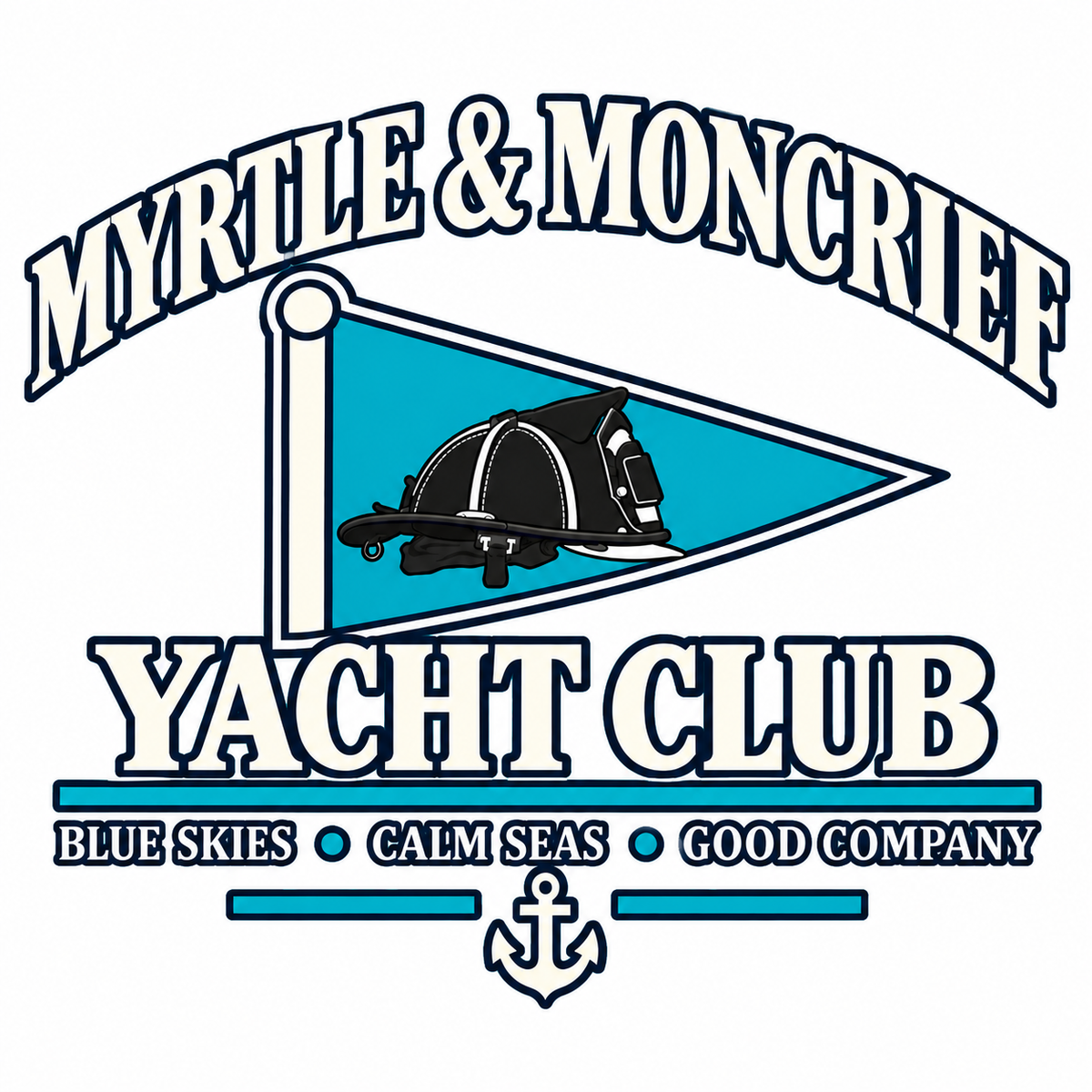 A graphic logo for 'Myrtle & Moncrief Yacht Club' featuring a stylized blue and white pennant flag with a black fire helmet, set against a plain white background.