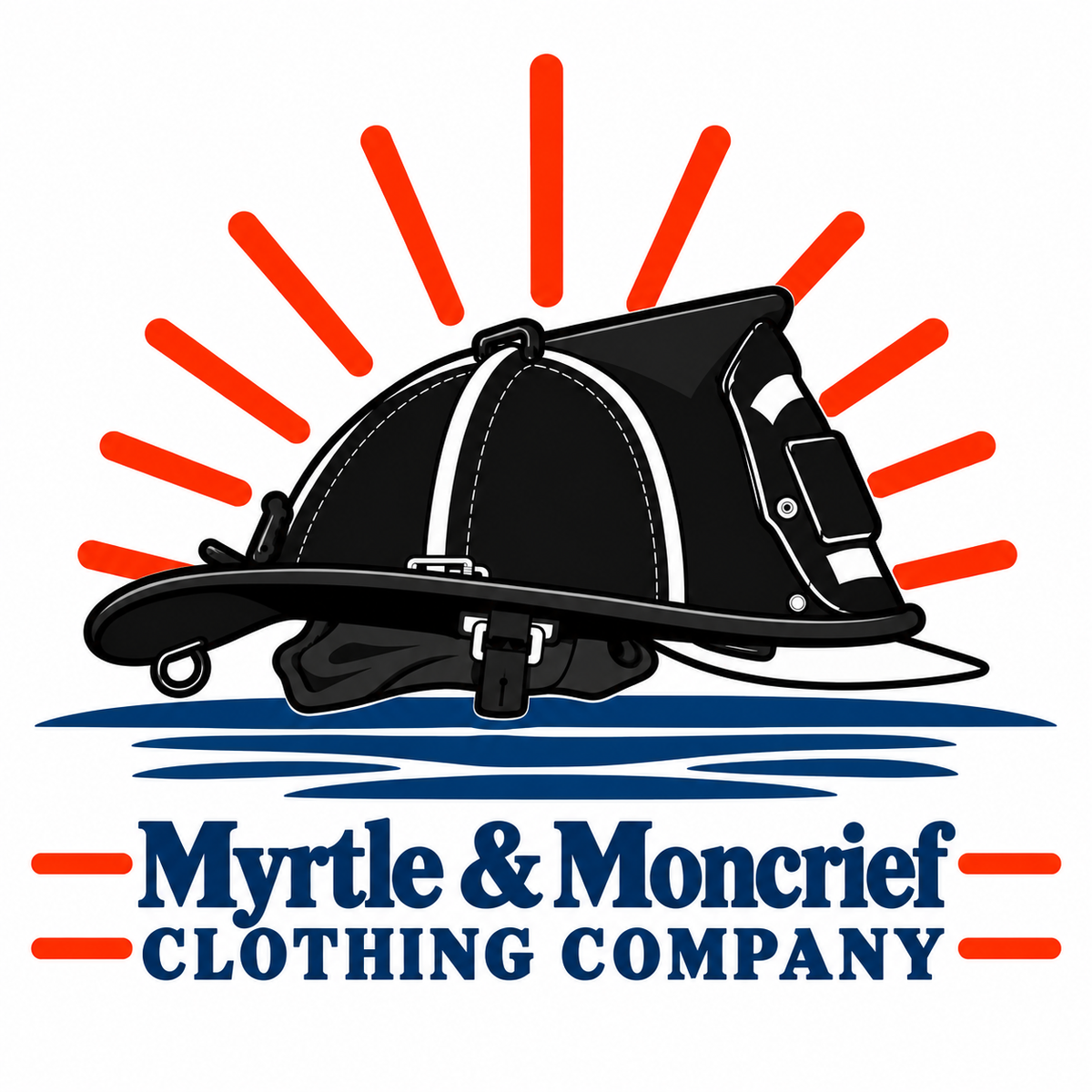 A firefighter helmet illustration in black with white piping, set against a white background with red sunburst rays and blue water lines. Below the helmet is the text 'Myrtle & Moncrief CLOTHING COMPANY' in dark blue with red accent bars.