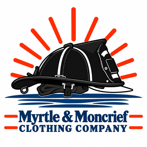 A firefighter helmet illustration in black with white piping, set against a white background with red sunburst rays and blue water lines. Below the helmet is the text 'Myrtle & Moncrief CLOTHING COMPANY' in dark blue with red accent bars.