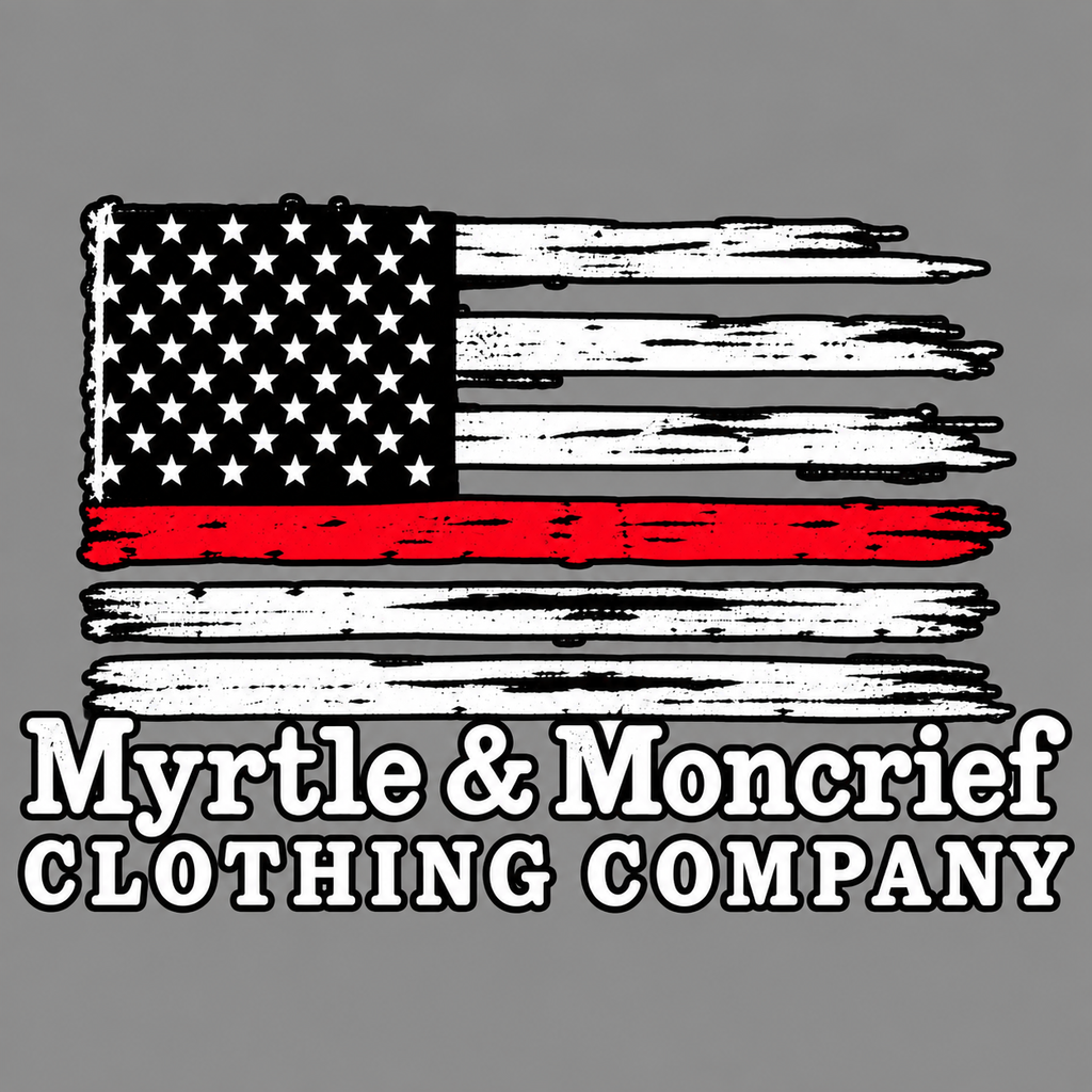 Chest graphic close-up: Distressed black-and-white American flag with a single red stripe above Myrtle & Moncrief Clothing Company lettering.