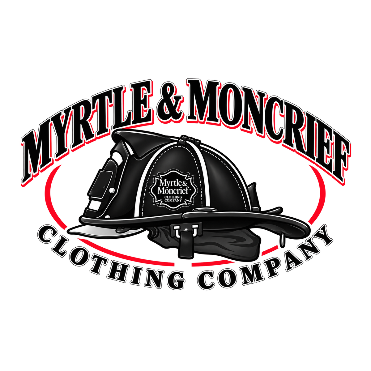 Logo close-up: Black firefighter helmet surrounded by Myrtle & Moncrief Clothing Company lettering and red curved accents.