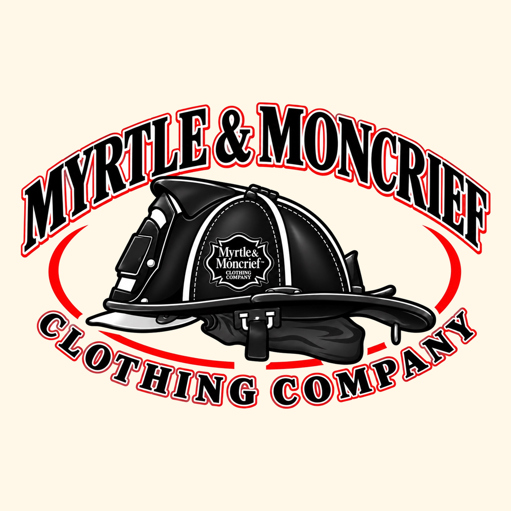 A graphic logo for Myrtle & Moncrief Clothing Company, featuring a black firefighter helmet in the center with white stitching and a white crest patch. The words 'MYRTLE & MONCRIEF' are arched above in black with a red outline, and 'CLOTHING COMPANY' is curved below in the same style.