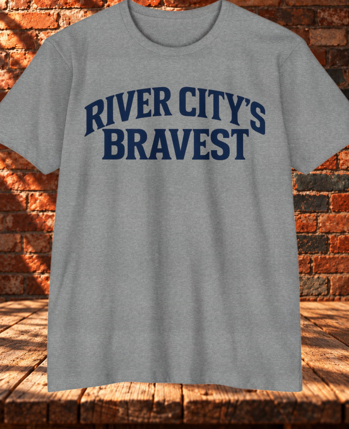 Front view: Gray crewneck T-shirt with “River City’s Bravest” printed across the chest in bold navy lettering.