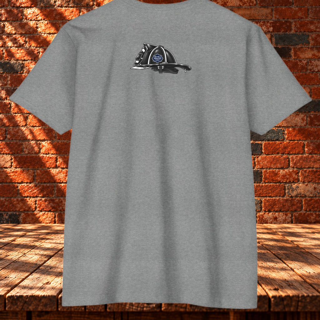 Back view: Gray T-shirt with a black firefighter helmet graphic centered on the upper back.