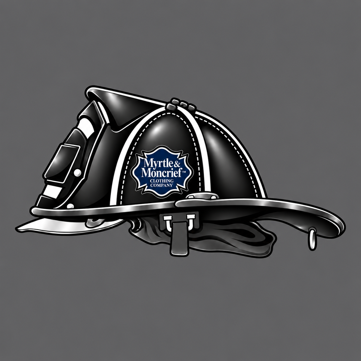 Helmet graphic close-up: Black firefighter helmet with white detailing and a navy Myrtle & Moncrief Clothing Company badge.