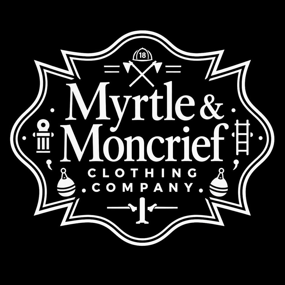 A white decorative logo on a black background reading 'Myrtle & Moncrief Clothing Company' with small sewing and tool icons around the text.